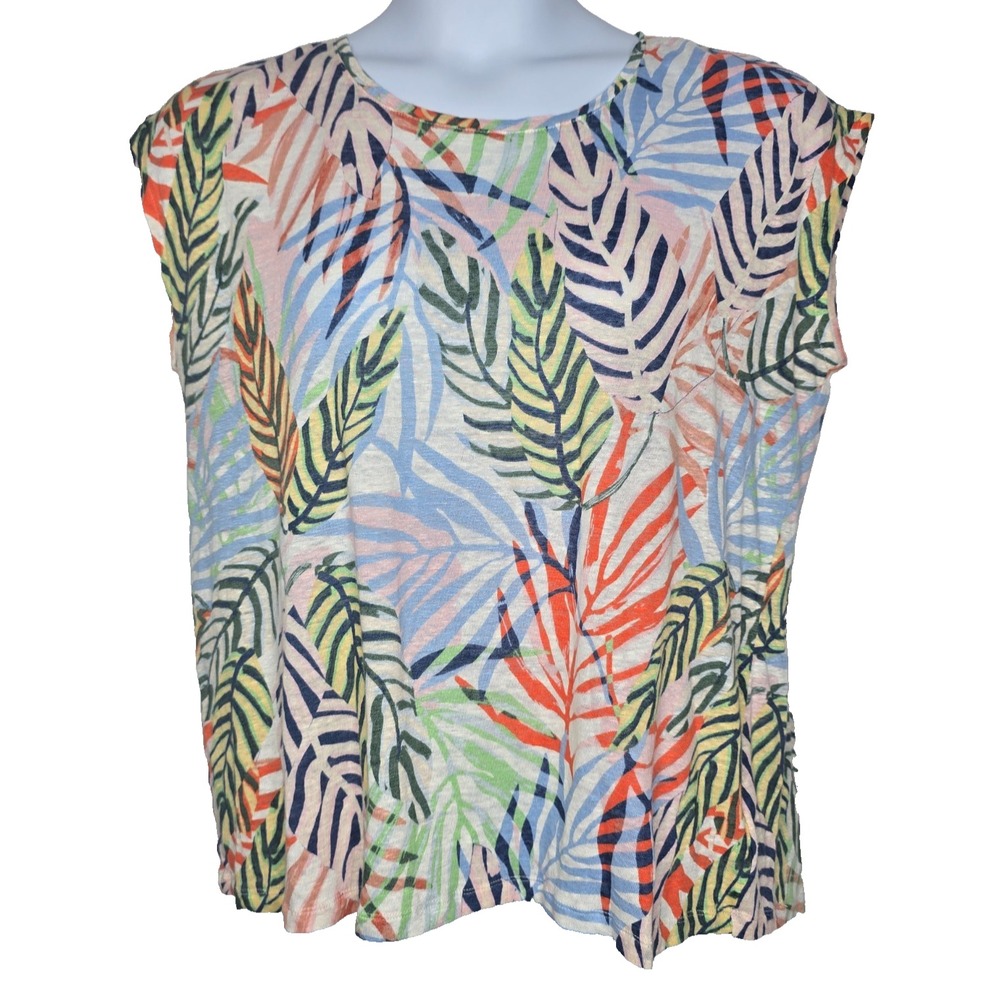 Tahari Womens 100% Linen Top XL Sleeveless Tropical Leaf Lightweight Coastal